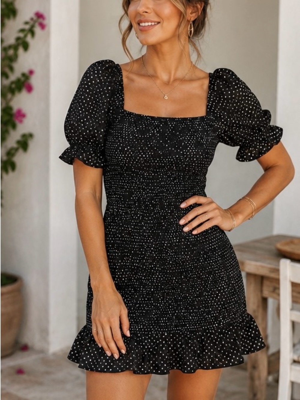 Kittenish Smocked Polka Dot Mini Dress | NWT | Black & White | Size Medium